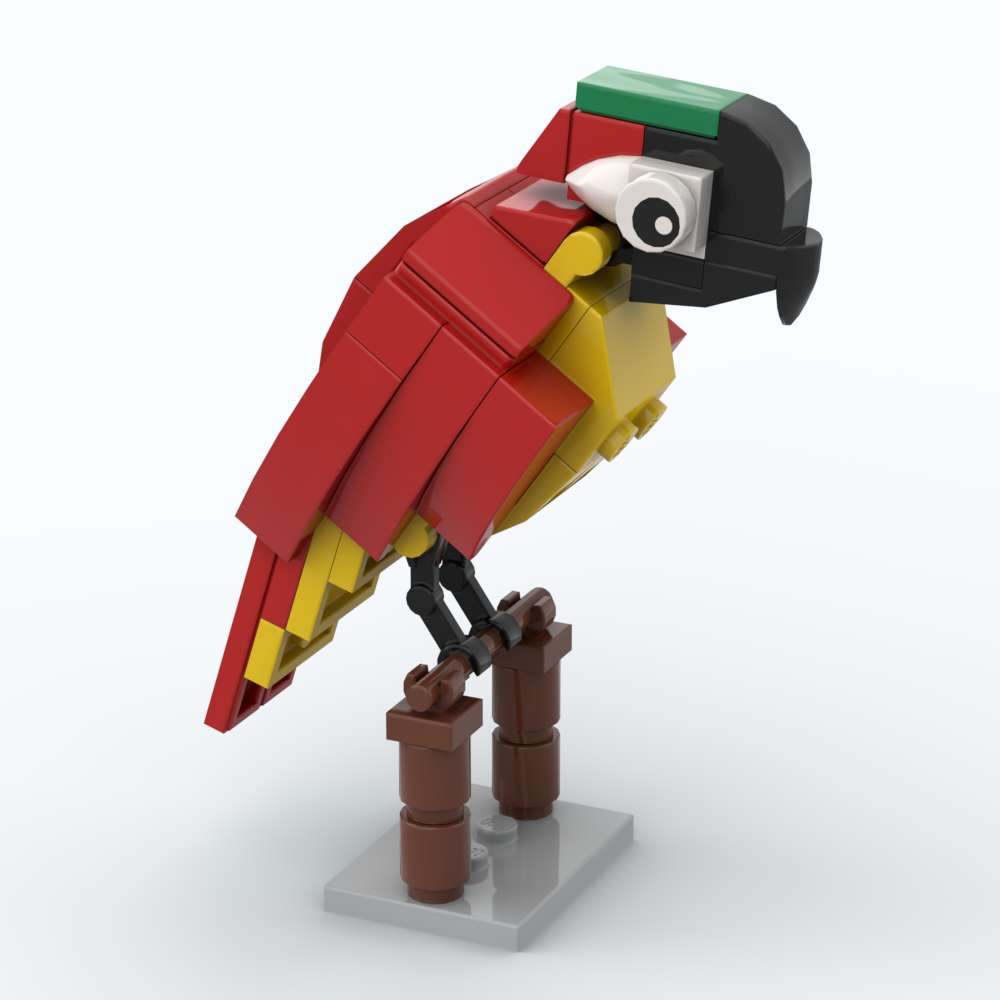 Un Perroquet Lego Est Assis Sur Un Morceau De Bois.