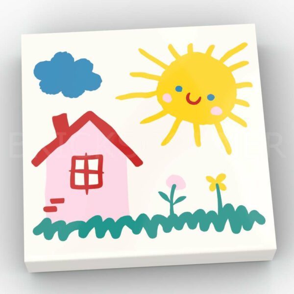 LEGO® Tuile Décorée 2 x 2 Dessin de Maison, Soleil et Fleurs - 3068pb1882 - Blanc